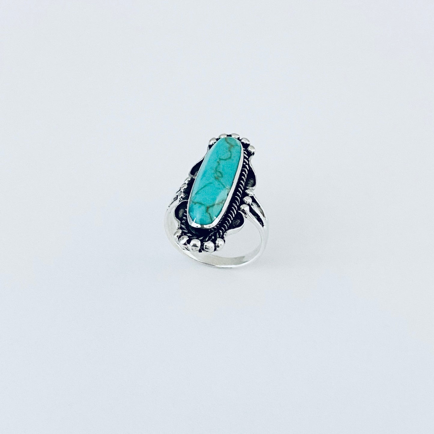 Sterling Silver Long Oval Synthetic Turquoise Ring, Statement Boho Stone Jewelry