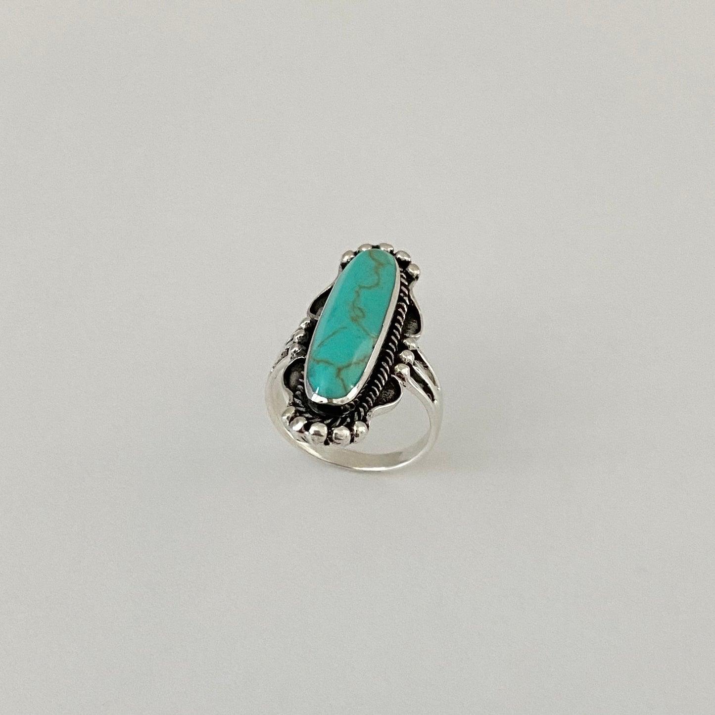 Statement Sterling Silver Long Oval Synthetic Turquoise Ring, Stone Silver Rings