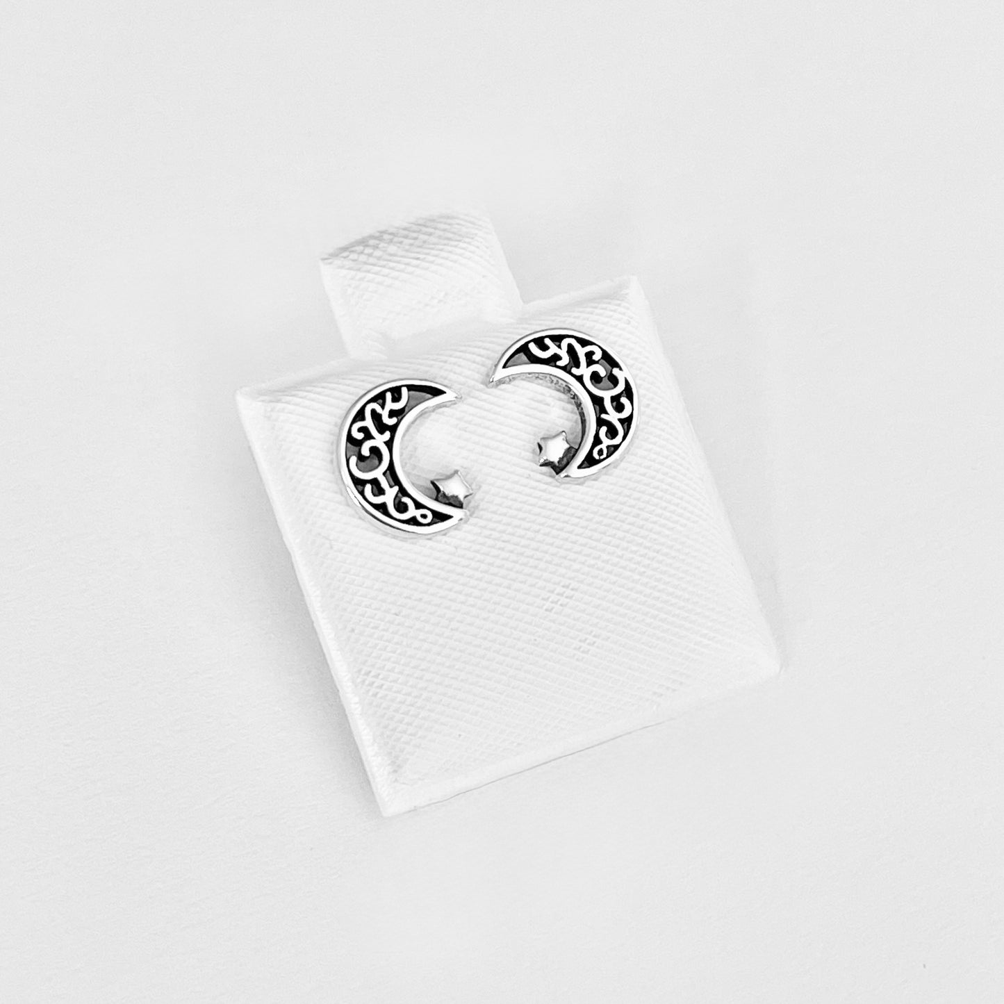 Sterling Silver Little Star and Filigree Crescent Moon Earring, Celestial Stud Silver Earrings