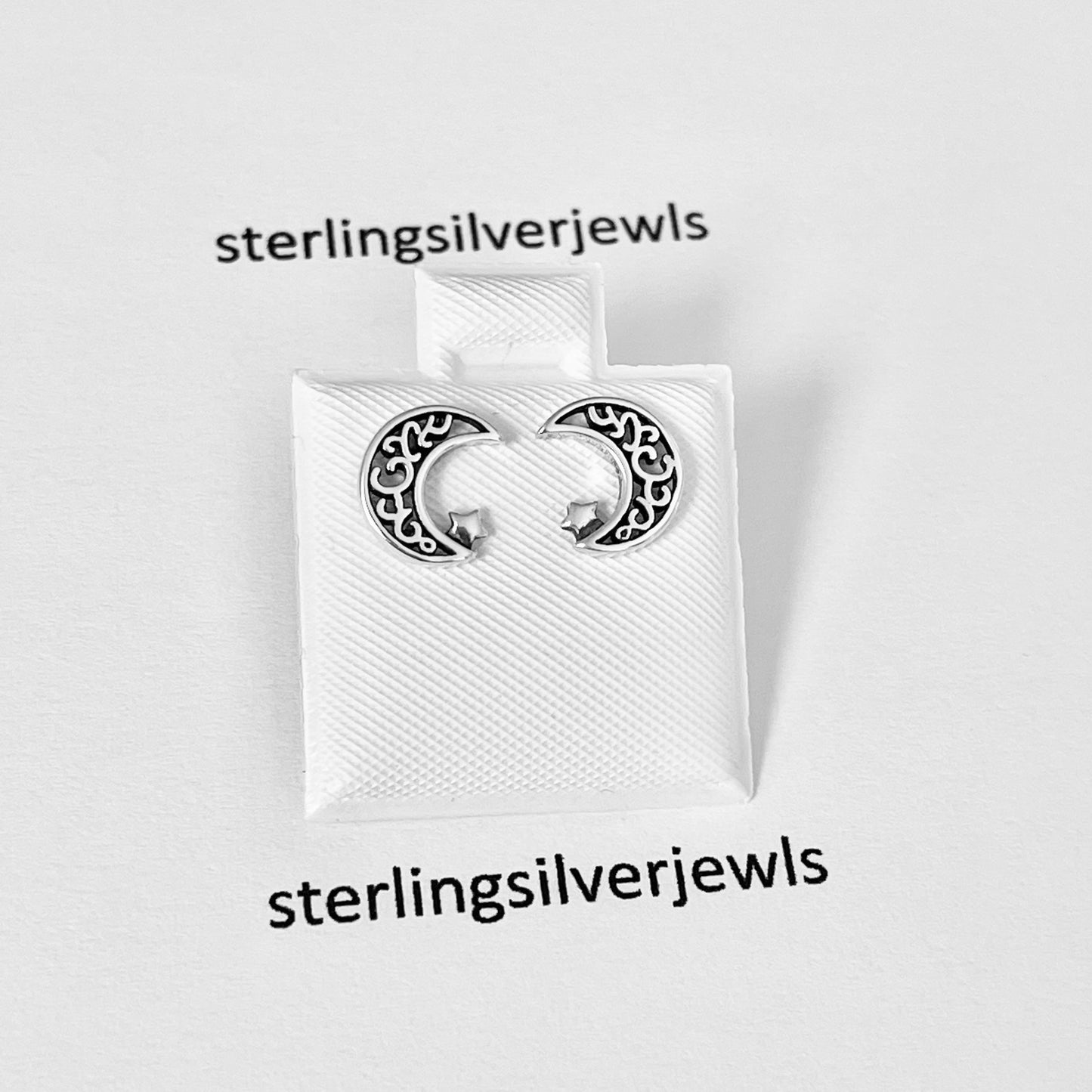 Sterling Silver Little Star and Filigree Crescent Moon Earring, Stud Silver Earrings