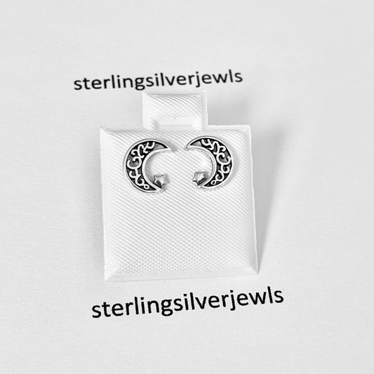 Sterling Silver Little Star and Filigree Crescent Moon Earring, Stud Silver Earrings