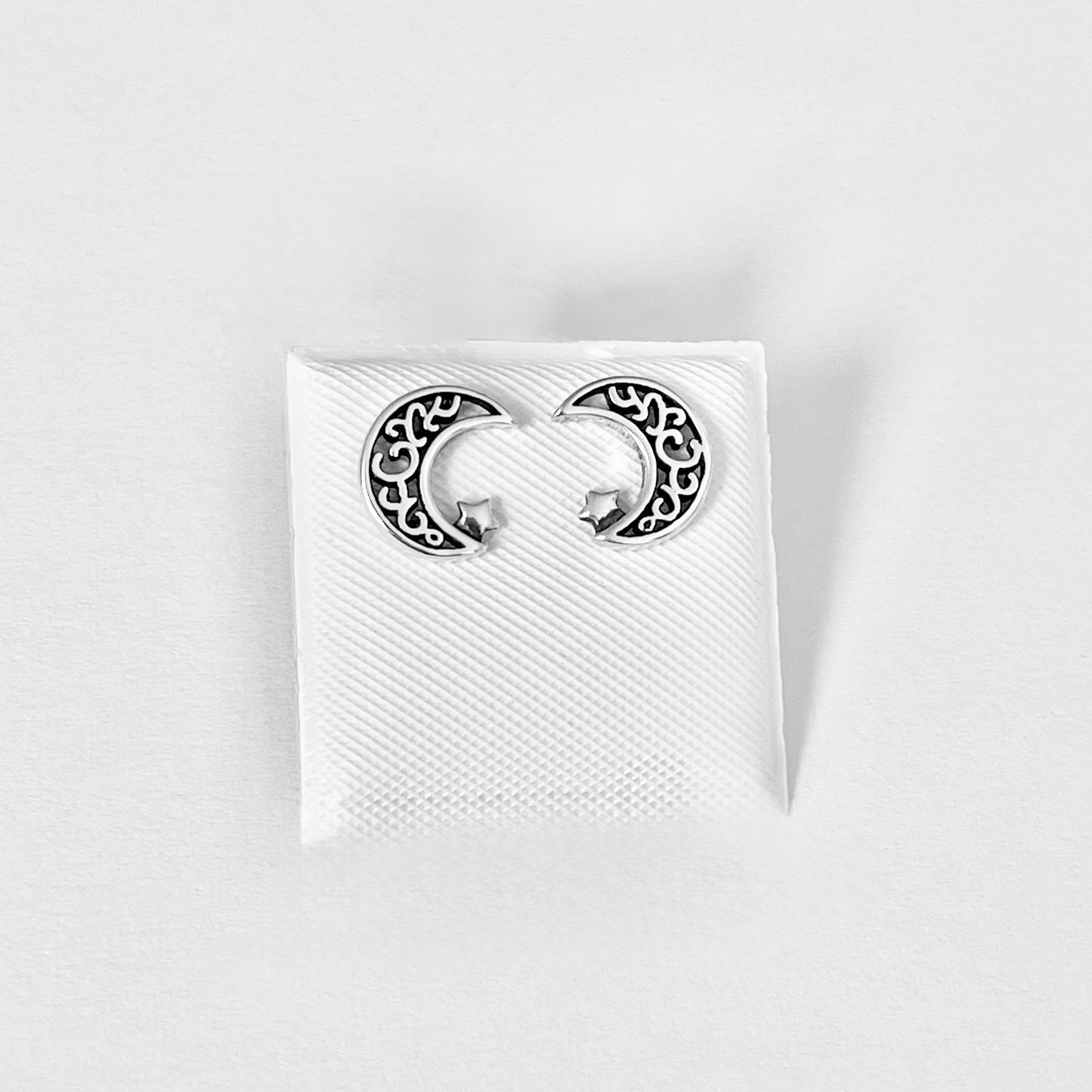 Sterling Silver Little Star and Filigree Crescent Moon Earring, Celestial Stud Silver Earrings