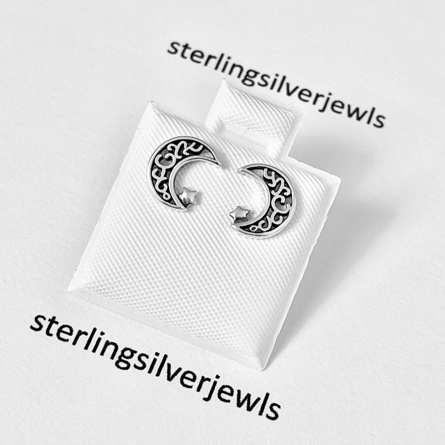 Sterling Silver Little Star and Filigree Crescent Moon Earring, Stud Silver Earrings