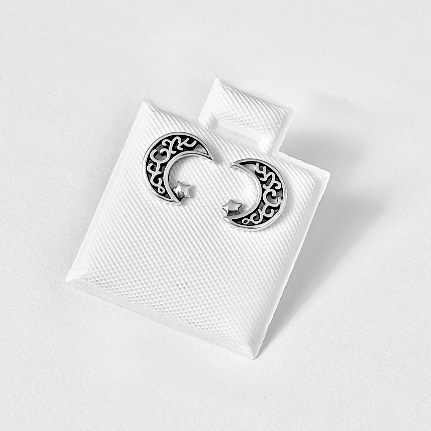 Sterling Silver Little Star and Filigree Crescent Moon Earring, Celestial Stud Silver Earrings