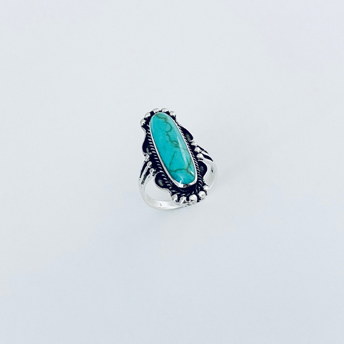 Sterling Silver Long Oval Synthetic Turquoise Ring, Statement Boho Stone Jewelry