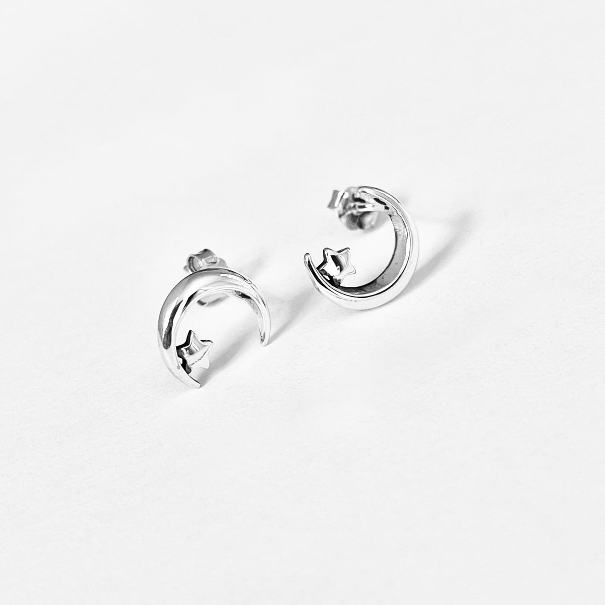 925 Sterling Silver Little Star on Crescent Moon Earring, Dainty Celestial Silver earring