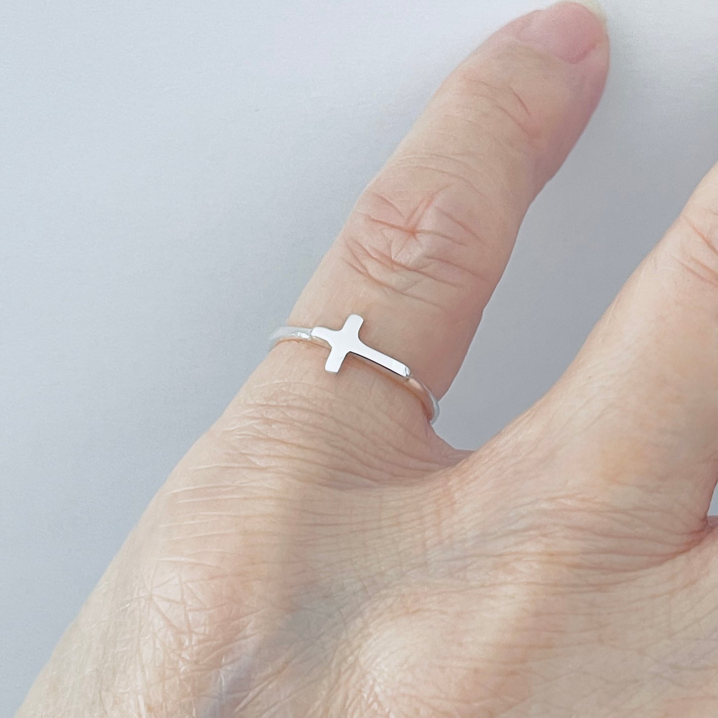 Sterling Silver Small High Polish Sideway Cross Ring, Minimalist Religious Jewelry