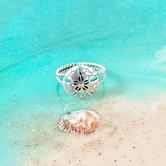 Sterling Silver Large Sand Dollar Ring with Rope Band, Star Ring, Silver Rings, Seashell, Ocean Shells