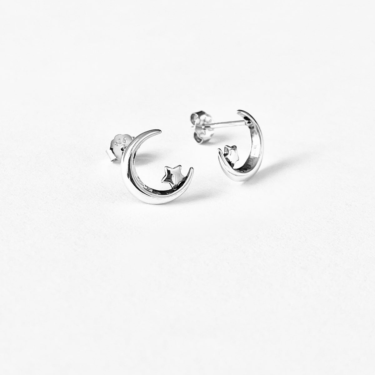 925 Sterling Silver Little Star on Crescent Moon Earring, Dainty Celestial Silver earring