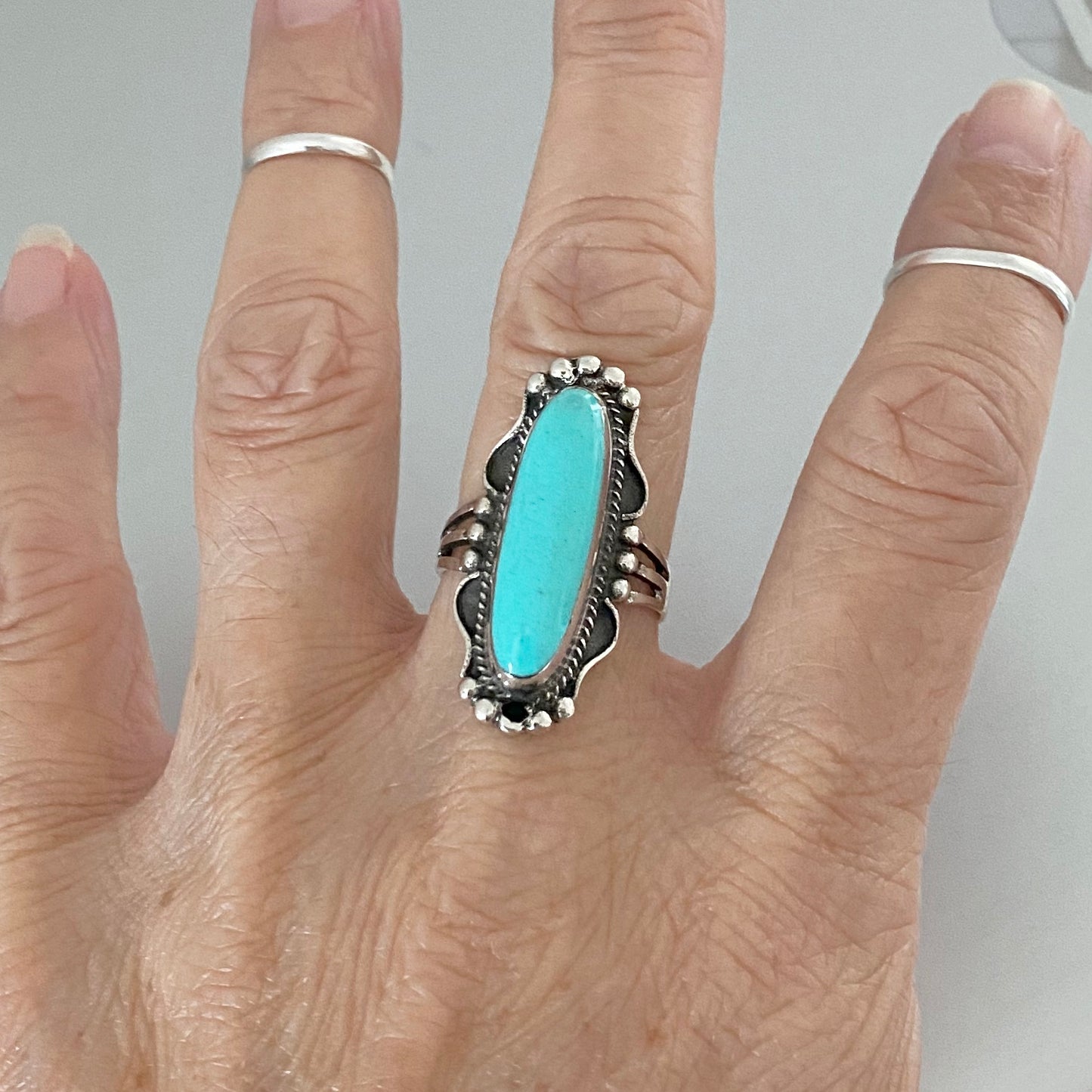 Statement Sterling Silver Long Oval Synthetic Turquoise Ring, Stone Silver Rings