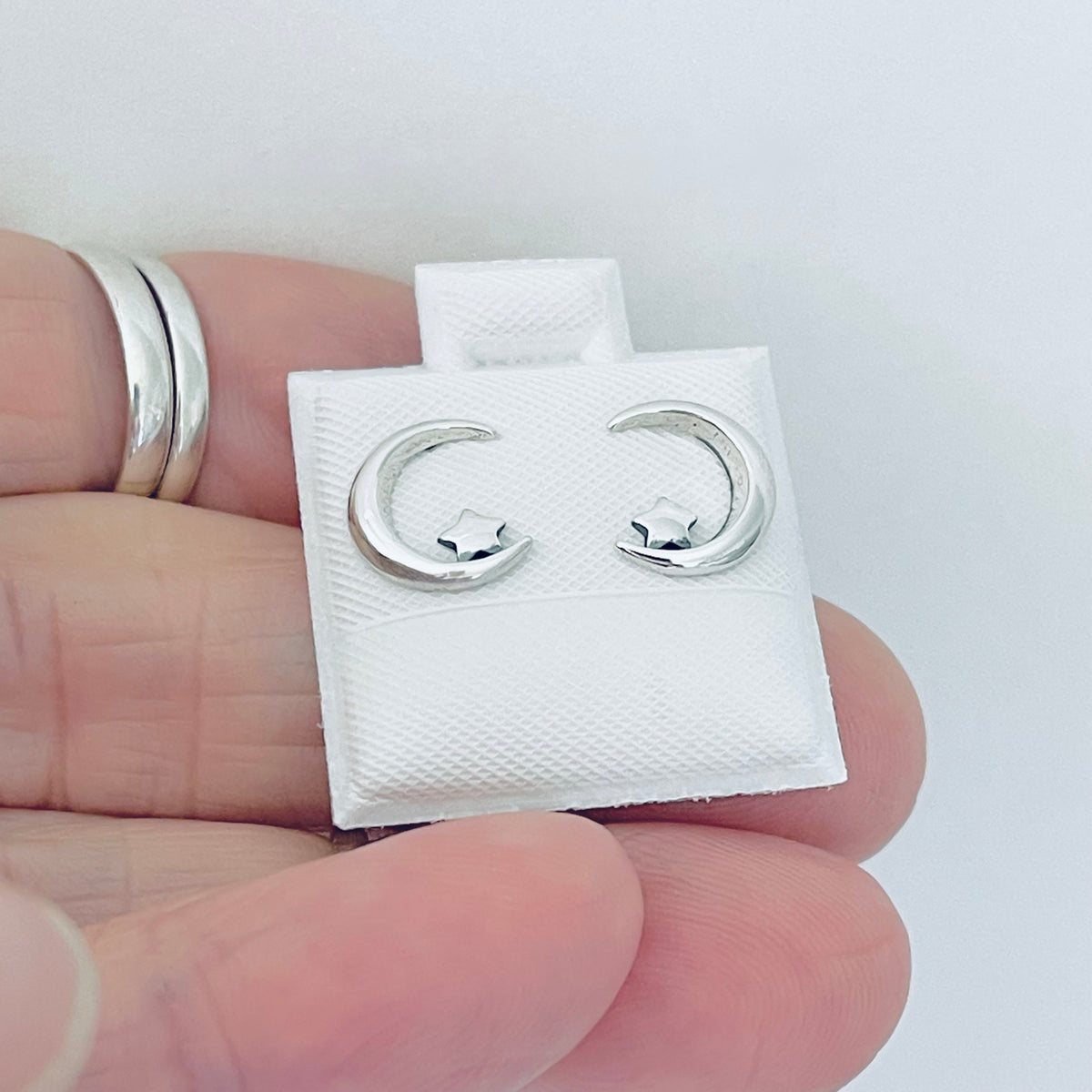 925 Sterling Silver Little Star on Crescent Moon Earring, Dainty Celestial Silver earring