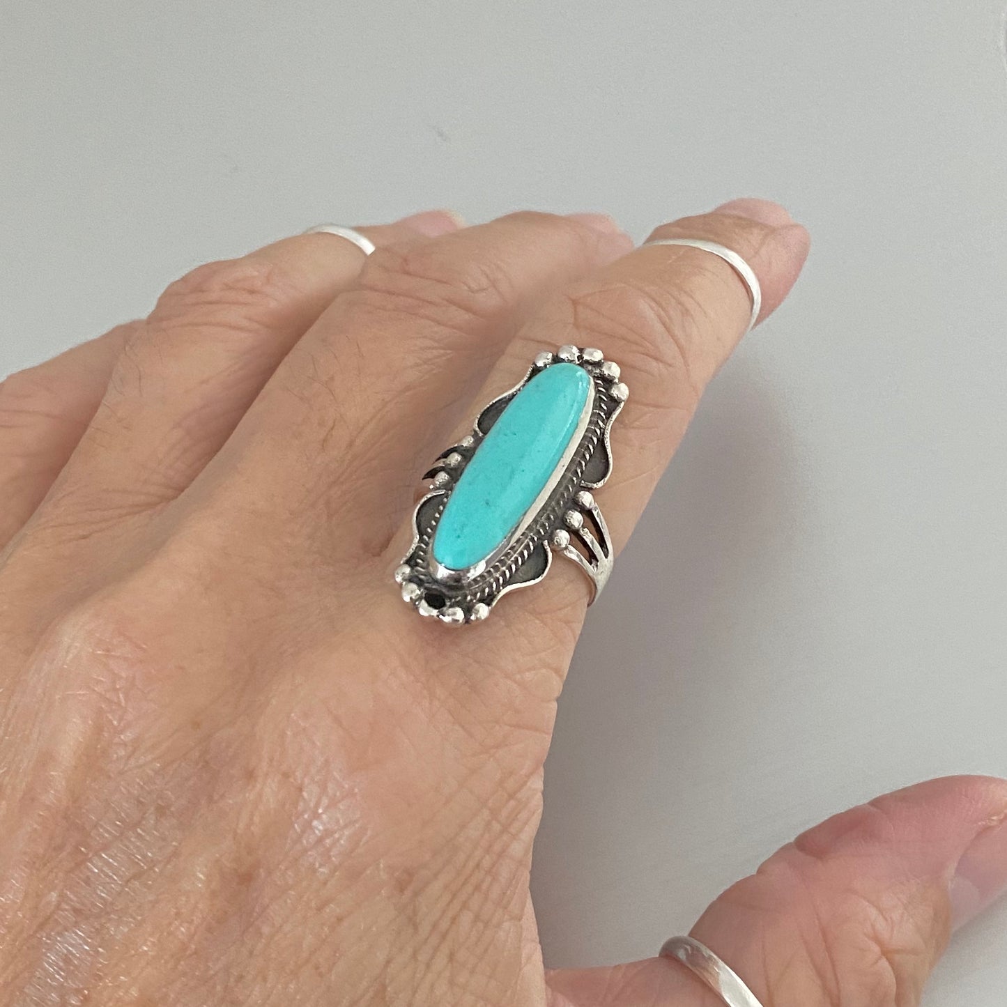 Statement Sterling Silver Long Oval Synthetic Turquoise Ring, Stone Silver Rings