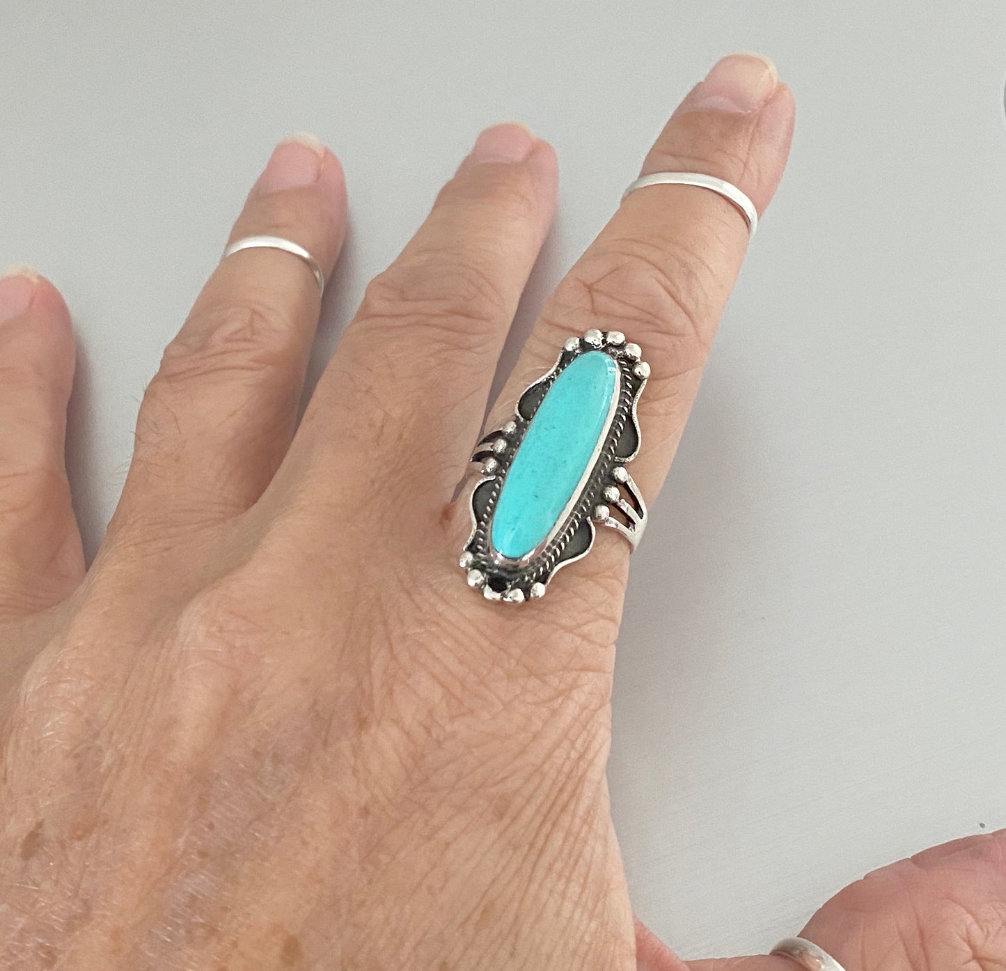 Statement Sterling Silver Long Oval Synthetic Turquoise Ring, Stone Silver Rings