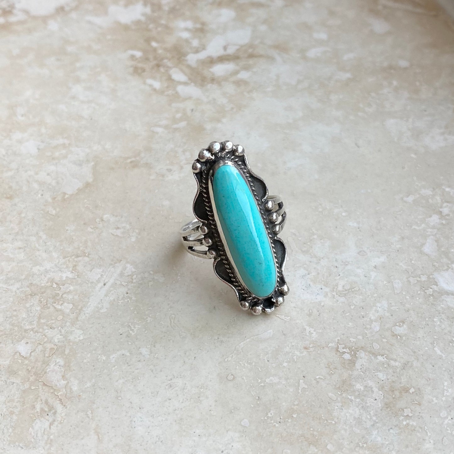 Statement Sterling Silver Long Oval Synthetic Turquoise Ring, Stone Silver Rings