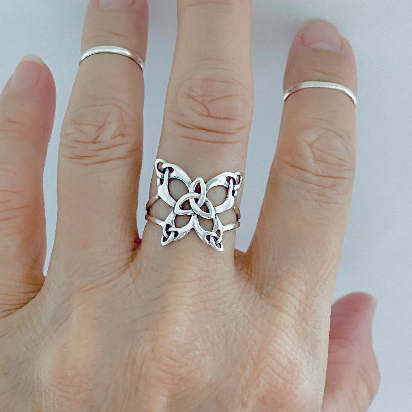 Sterling Silver Thin Delicate Statement Triquetra Butterfly Ring, Trinity Knot Rings, Celtic Bug Jewelry
