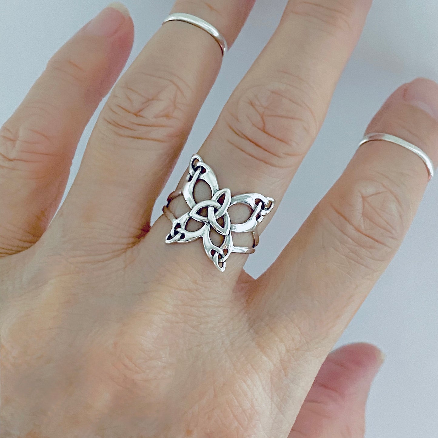 Sterling Silver Thin Delicate Statement Triquetra Butterfly Ring, Trinity Knot Rings, Celtic Bug Jewelry
