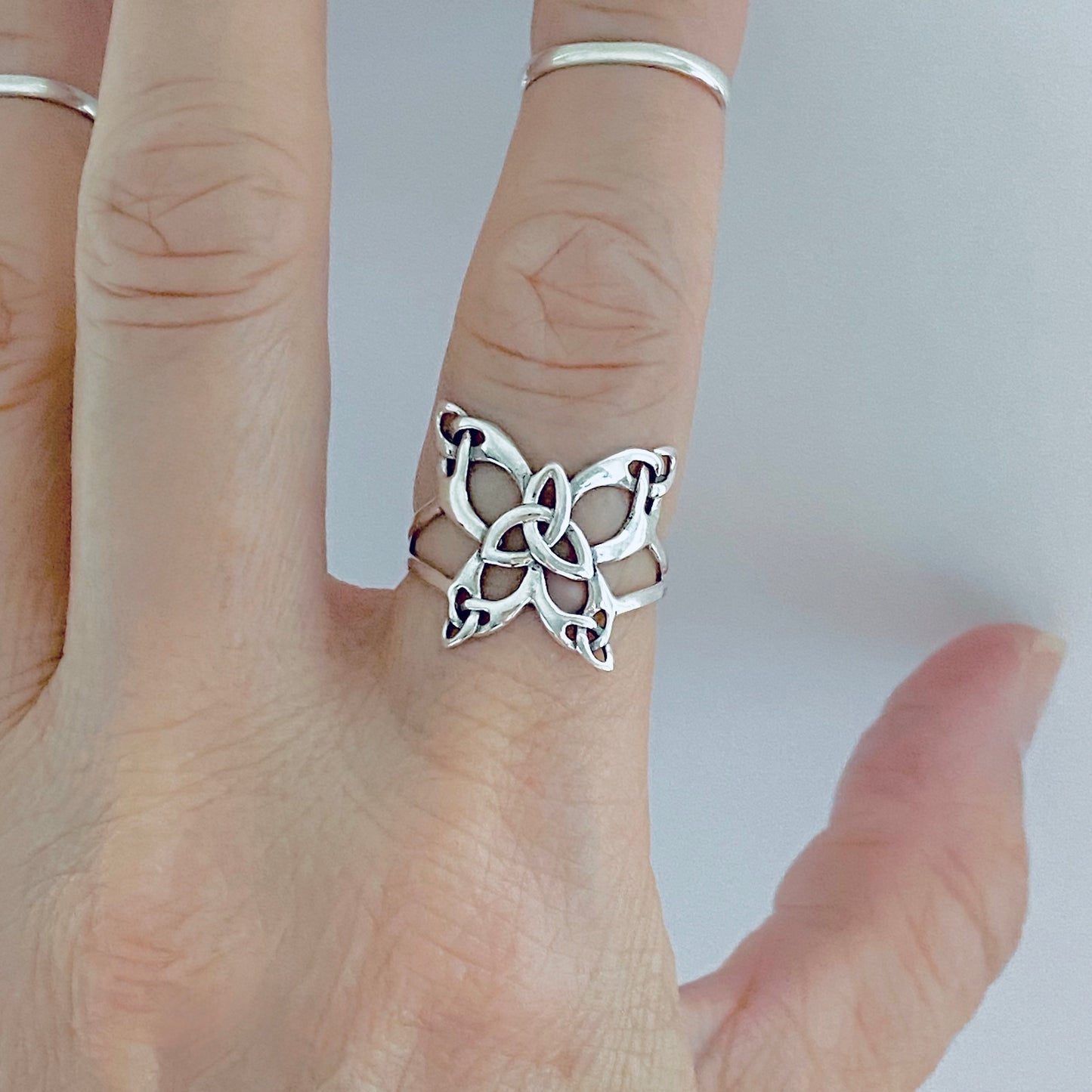 Sterling Silver Thin Delicate Statement Triquetra Butterfly Ring, Trinity Knot Rings, Celtic Bug Jewelry