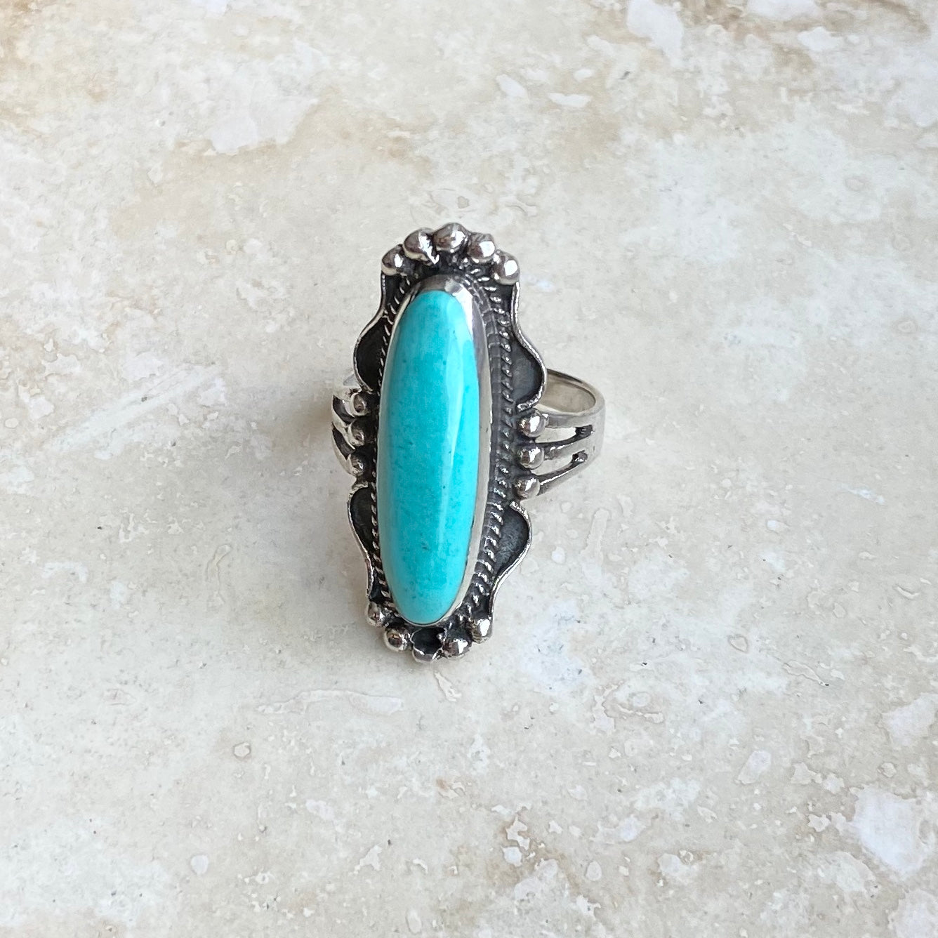 Statement Sterling Silver Long Oval Synthetic Turquoise Ring, Stone Silver Rings