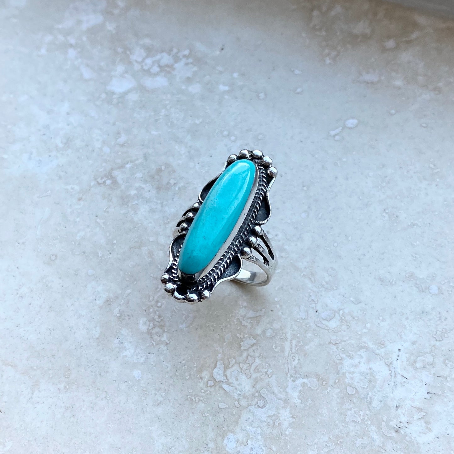 Statement Sterling Silver Long Oval Synthetic Turquoise Ring, Stone Silver Rings