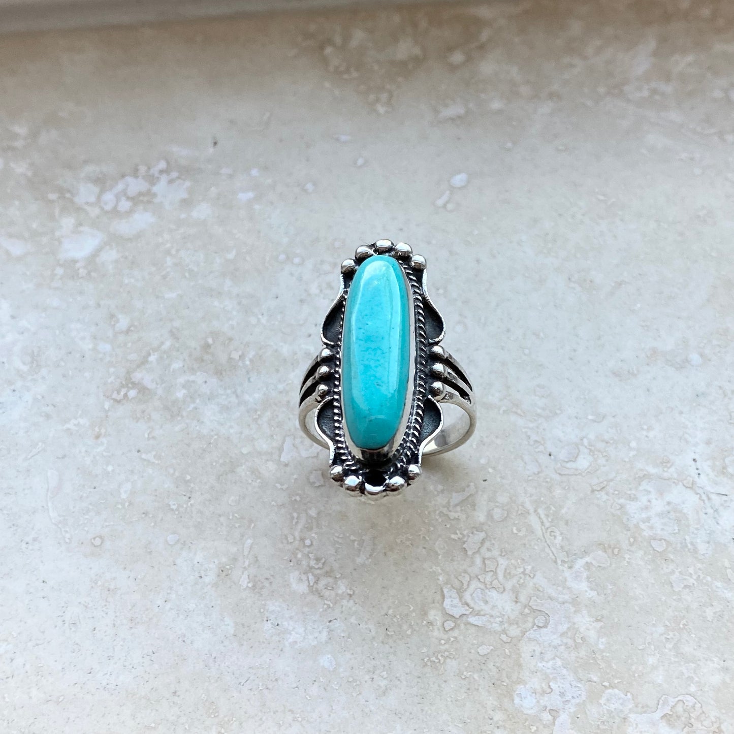 Statement Sterling Silver Long Oval Synthetic Turquoise Ring, Stone Silver Rings