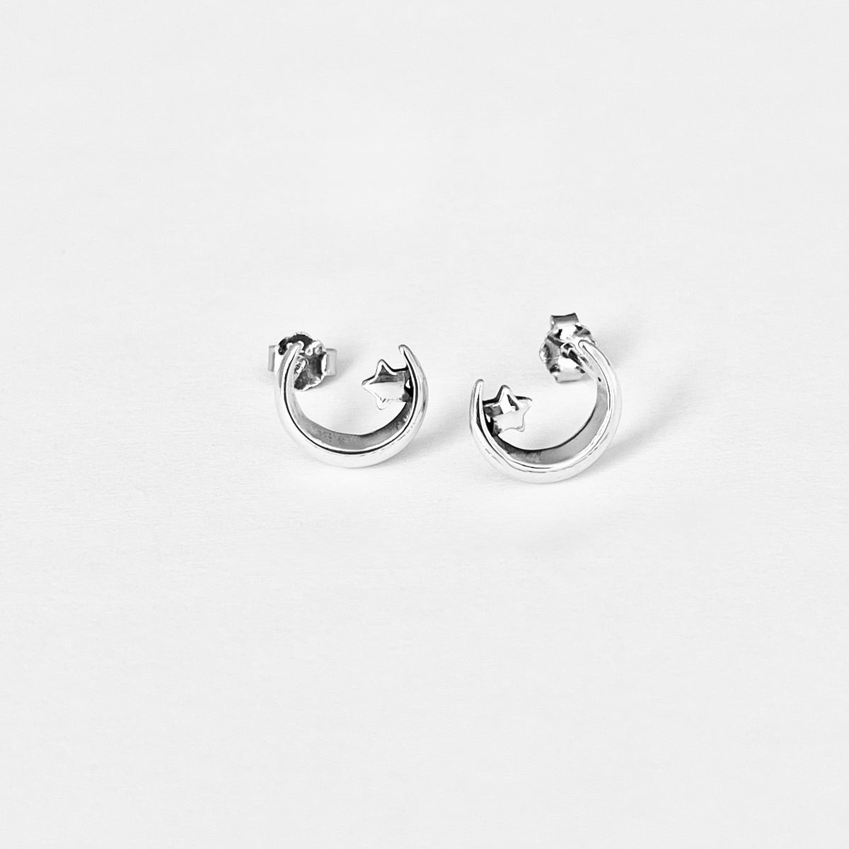 925 Sterling Silver Little Star on Crescent Moon Earring, Dainty Celestial Silver earring
