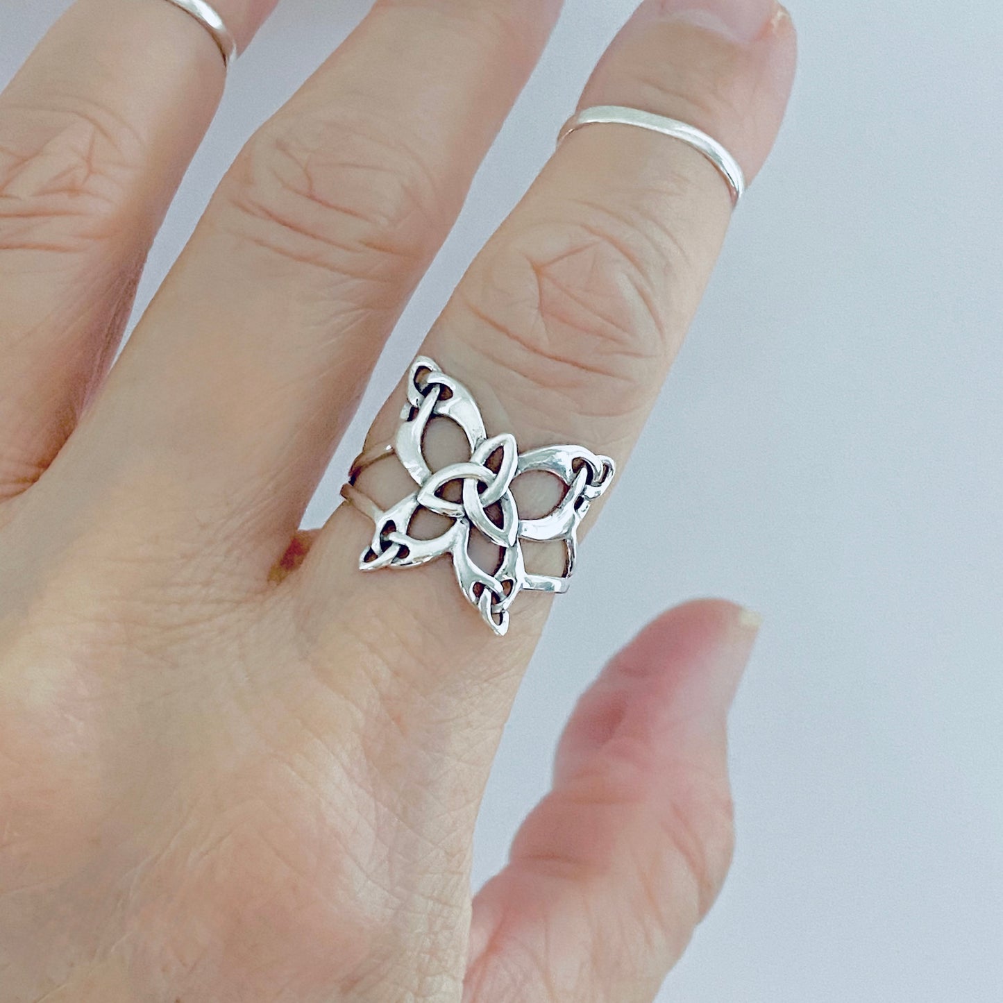 Sterling Silver Thin Delicate Statement Triquetra Butterfly Ring, Trinity Knot Rings, Celtic Bug Jewelry