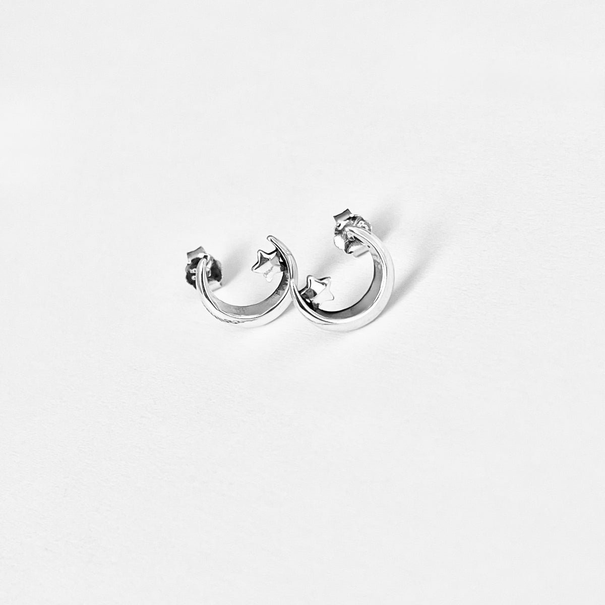 925 Sterling Silver Little Star on Crescent Moon Earring, Dainty Celestial Silver earring