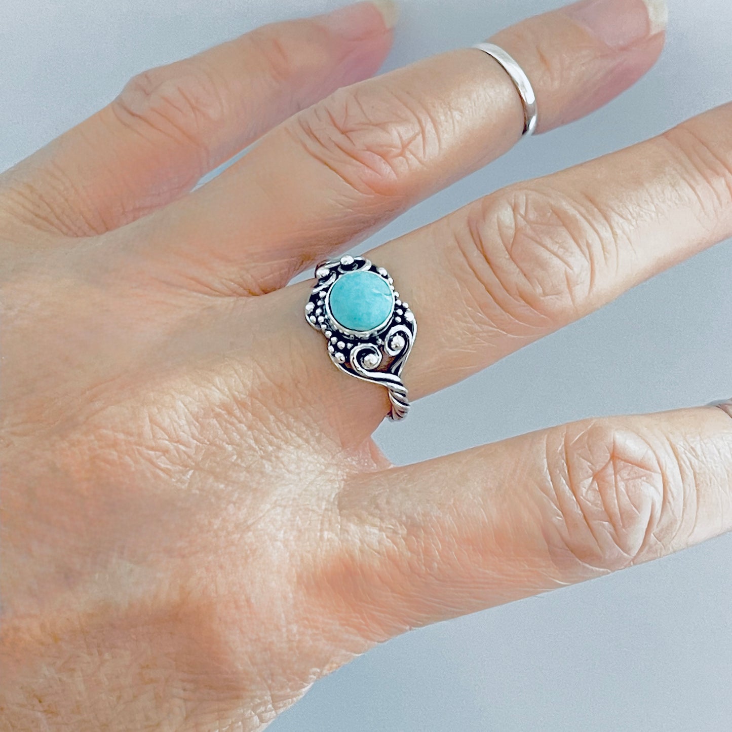 925 Sterling Silver Swirl Hearts and Genuine Turquoise Ring with Rope Band | Victorian Style Stone Silver Rings