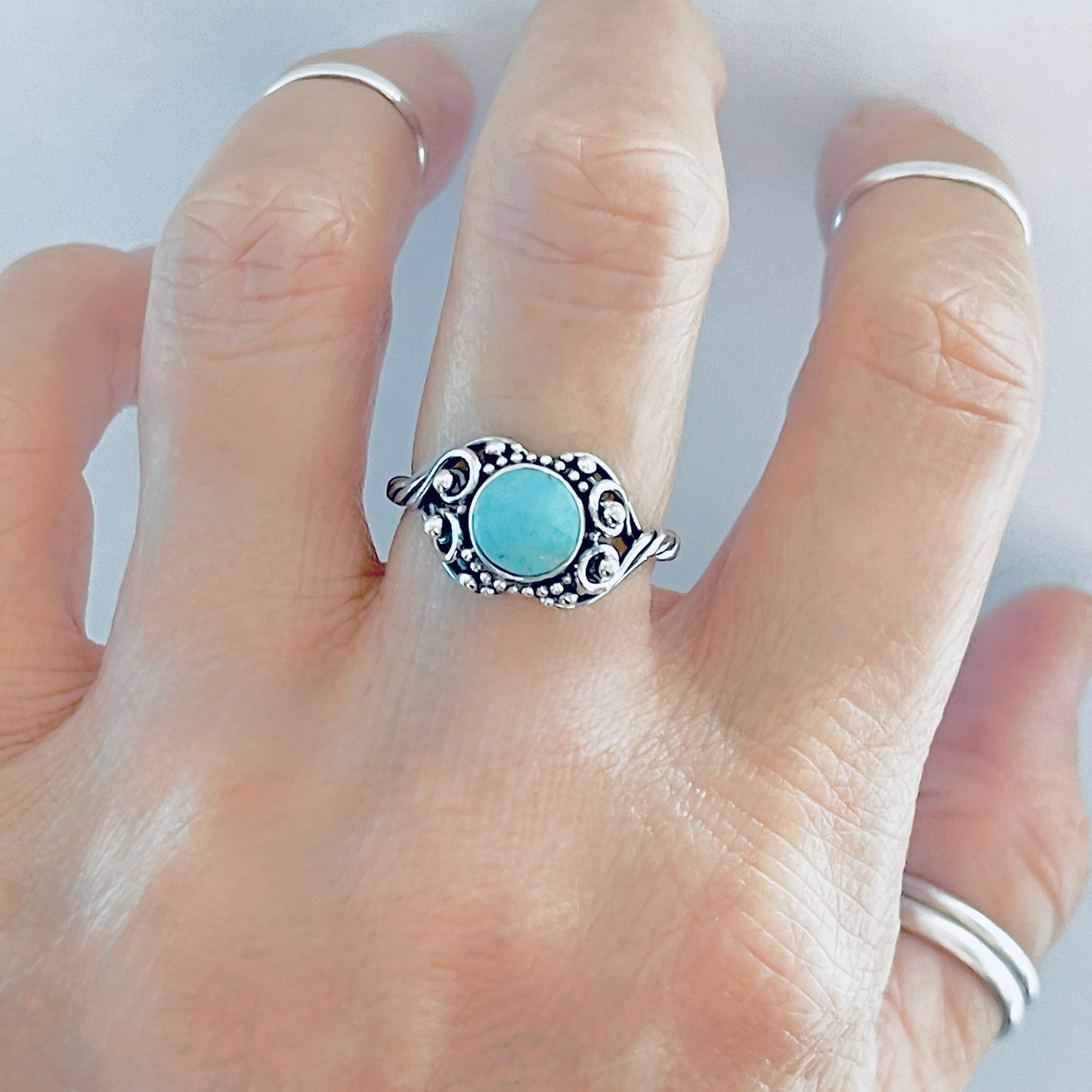 925 Sterling Silver Swirl Hearts and Genuine Turquoise Ring with Rope Band | Victorian Style Stone Silver Rings