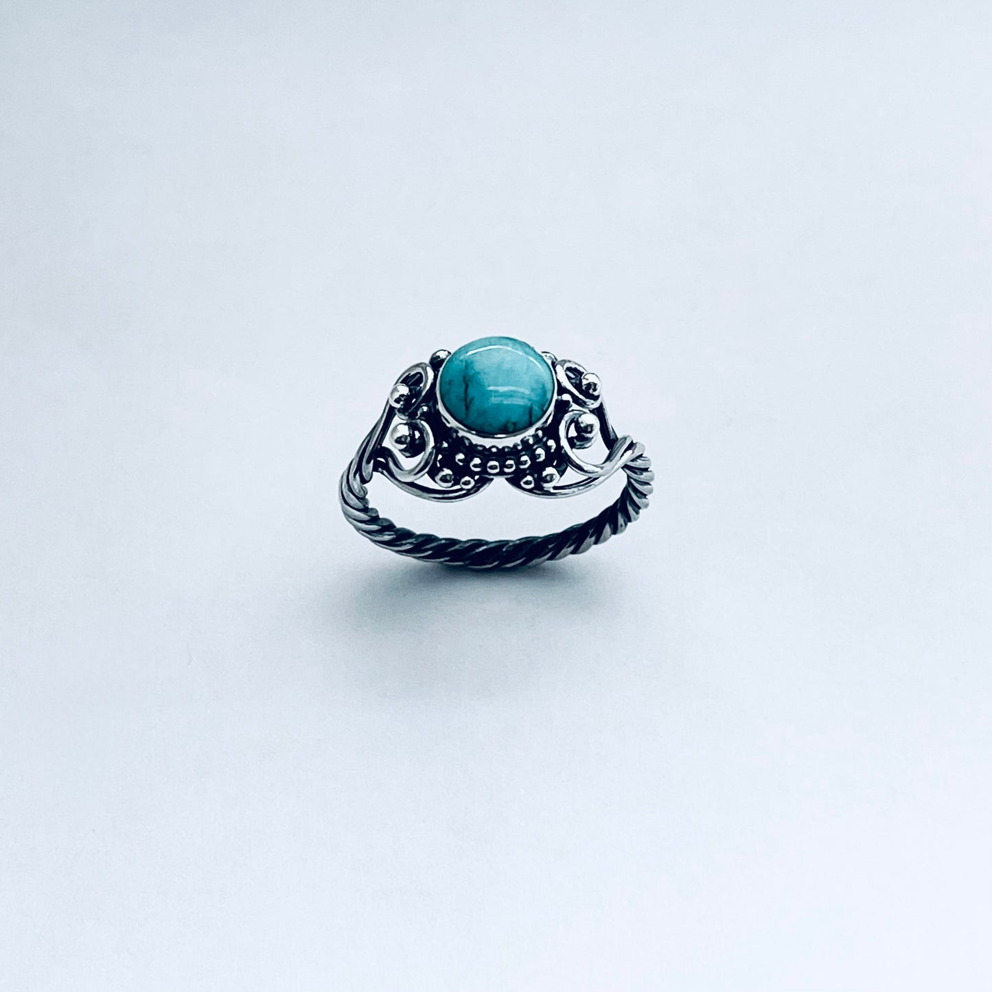 925 Sterling Silver Swirl Hearts and Genuine Turquoise Ring with Rope Band | Victorian Style Stone Silver Rings