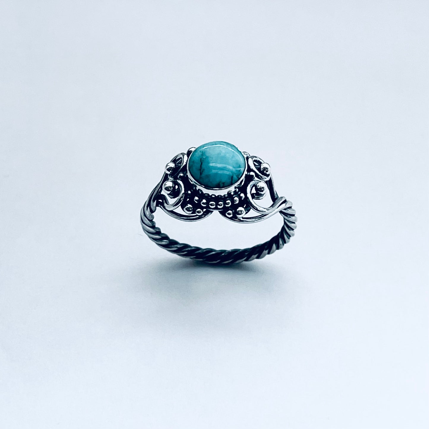 925 Sterling Silver Swirl Hearts and Genuine Turquoise Ring with Rope Band | Victorian Style Stone Silver Rings