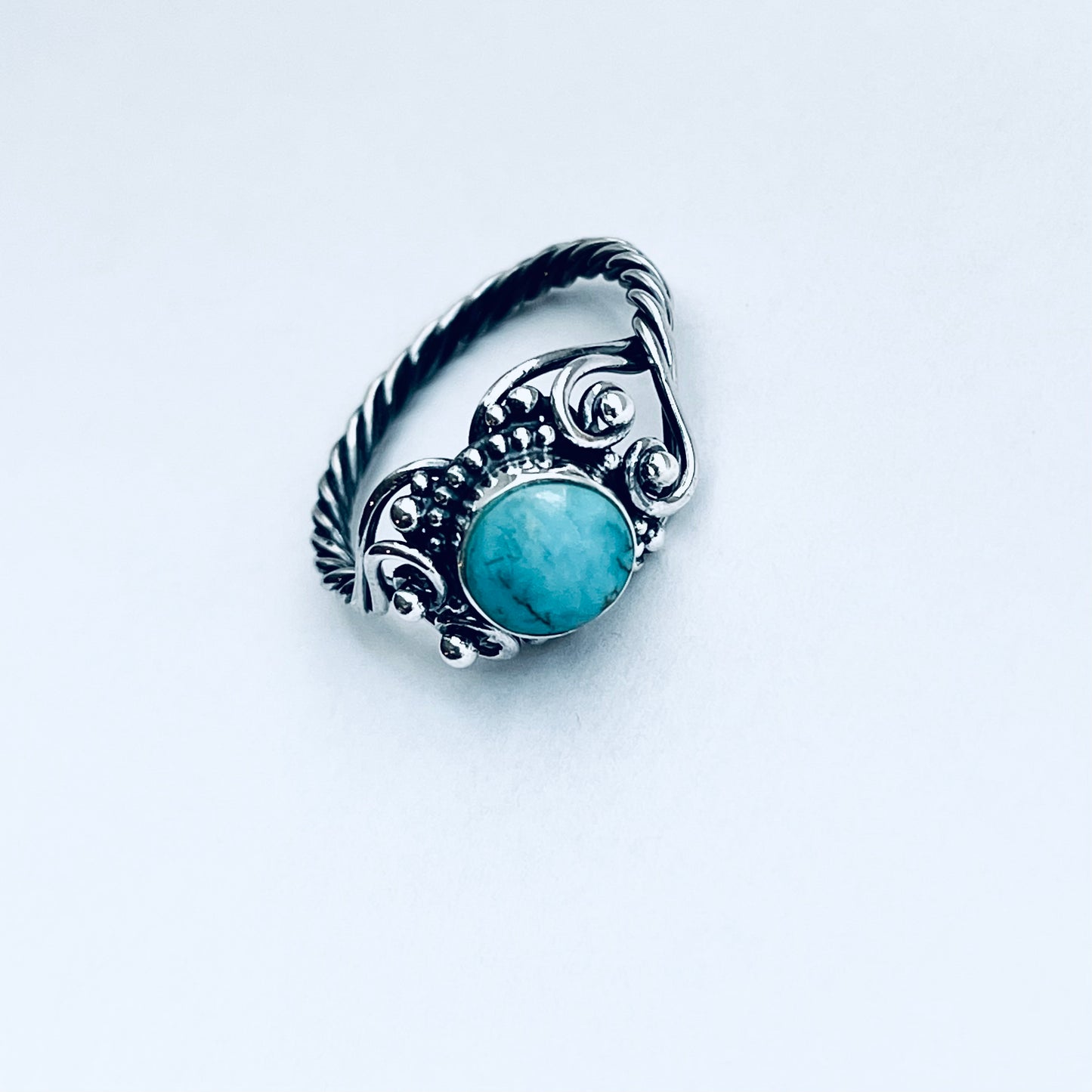 925 Sterling Silver Swirl Hearts and Genuine Turquoise Ring with Rope Band | Victorian Style Stone Silver Rings