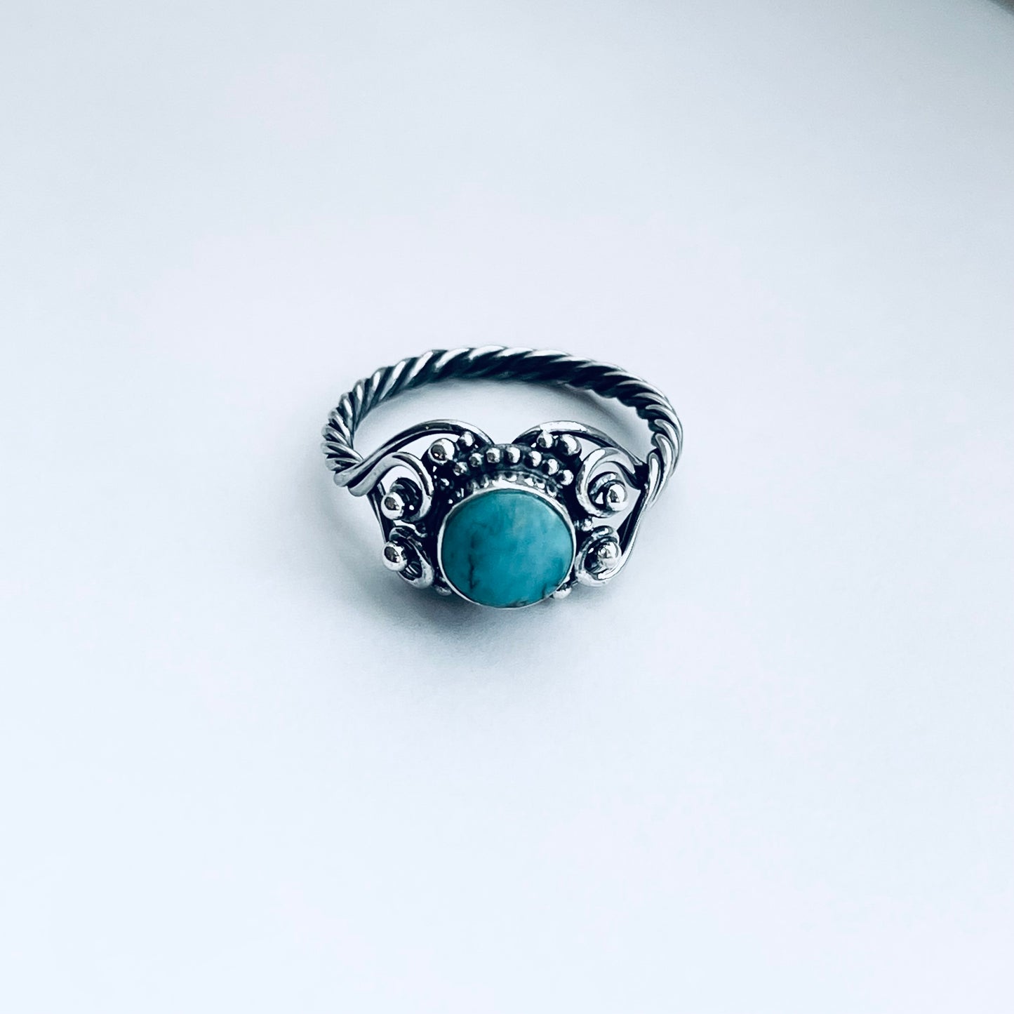 925 Sterling Silver Swirl Hearts and Genuine Turquoise Ring with Rope Band | Victorian Style Stone Silver Rings