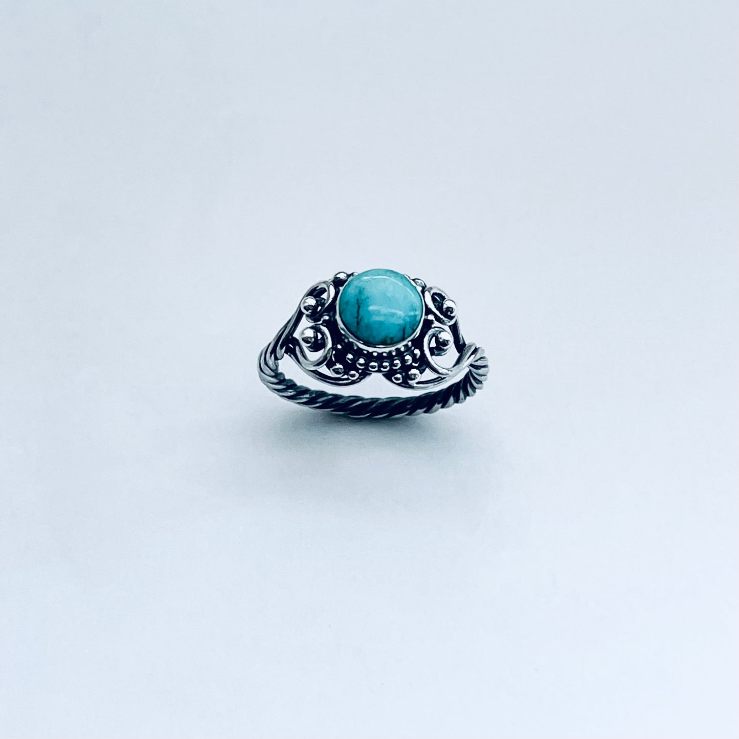 925 Sterling Silver Swirl Hearts and Genuine Turquoise Ring with Rope Band | Victorian Style Stone Silver Rings