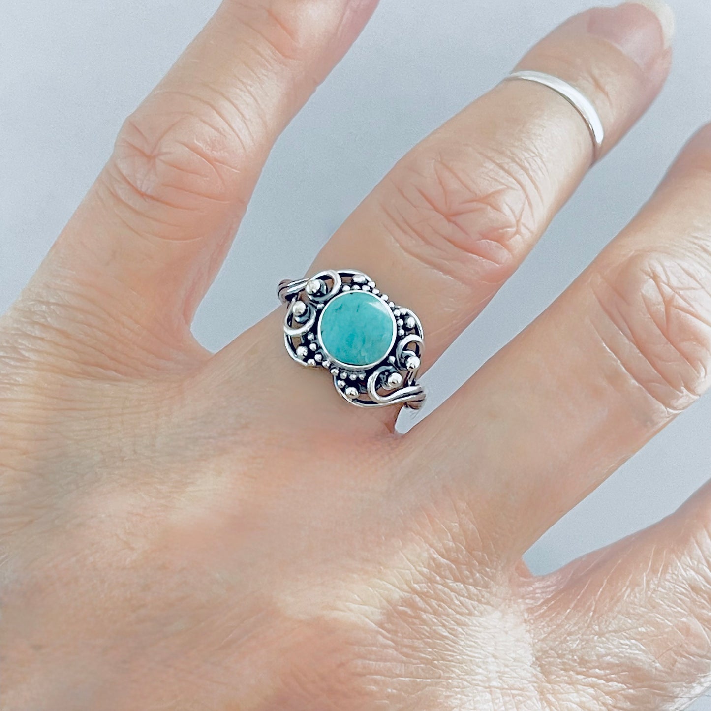 925 Sterling Silver Swirl Hearts and Genuine Turquoise Ring with Rope Band | Victorian Style Stone Silver Rings