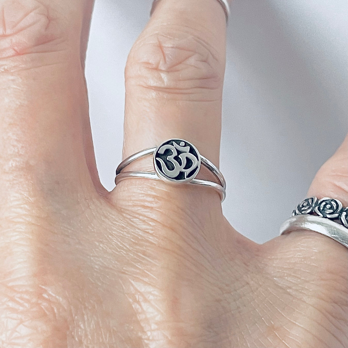 925 Sterling Silver Small OM Ring on Double Thin Band  | Minimalist Yoga Silver Rings