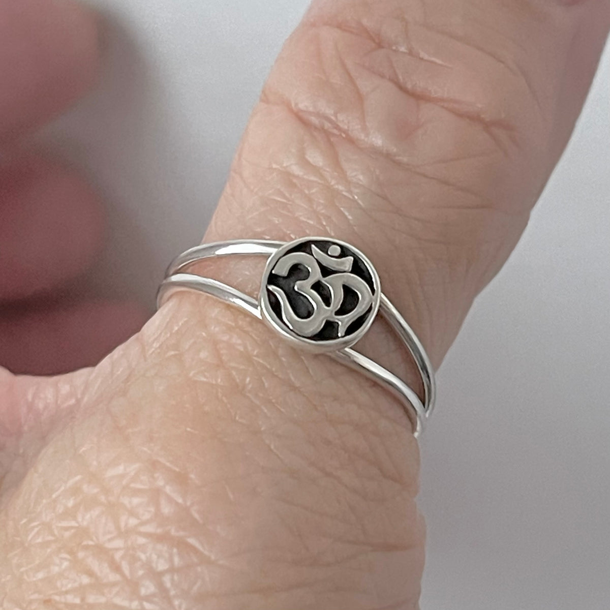 925 Sterling Silver Small OM Ring on Double Thin Band  | Minimalist Yoga Silver Rings