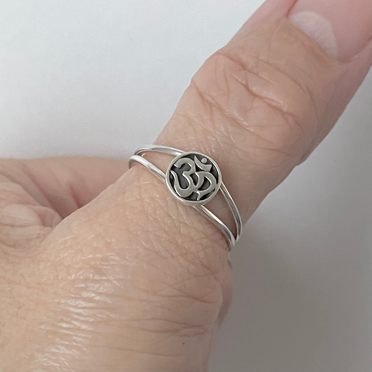 925 Sterling Silver Small OM Ring on Double Thin Band  | Minimalist Yoga Silver Rings