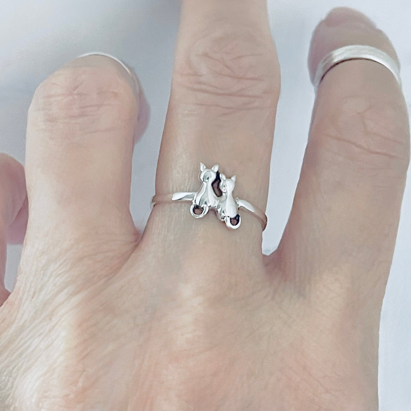 Sterling Silver Dainty Little Best Friends Cat Ring, Delicate Kitten Rings, Animal Pets Jewelry