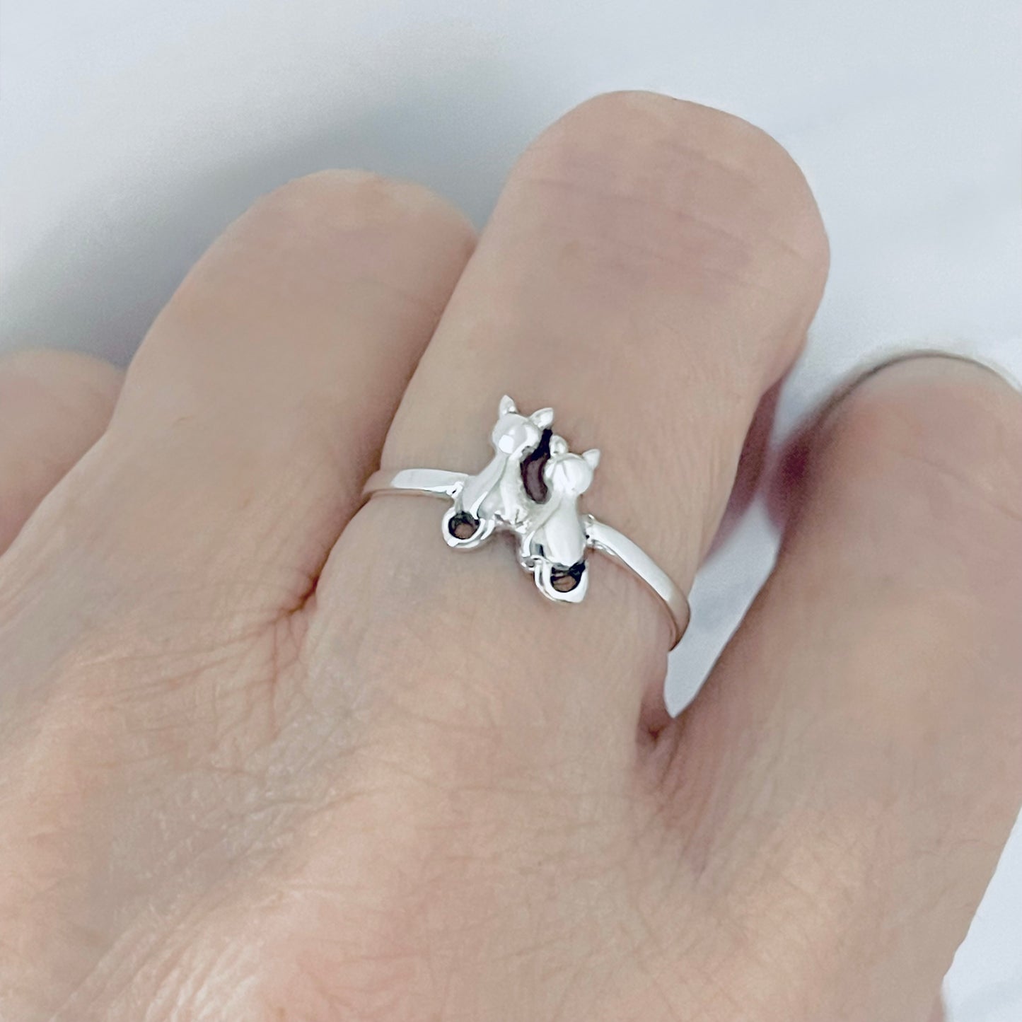 Sterling Silver Dainty Little Best Friends Cat Ring, Delicate Kitten Rings, Animal Pets Jewelry
