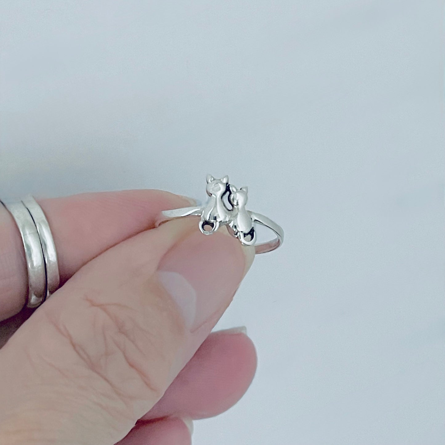 Sterling Silver Dainty Little Best Friends Cat Ring, Delicate Kitten Rings, Animal Pets Jewelry
