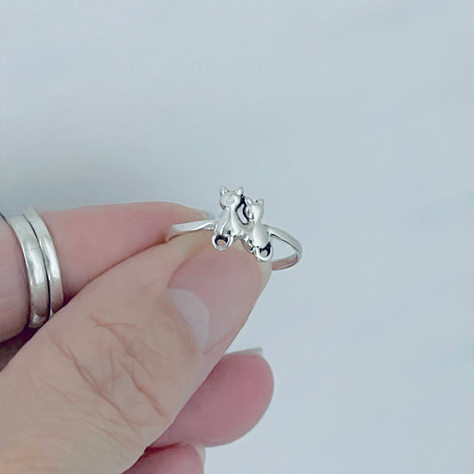 Sterling Silver Dainty Little Best Friends Cat Ring, Delicate Kitten Rings, Animal Pets Jewelry