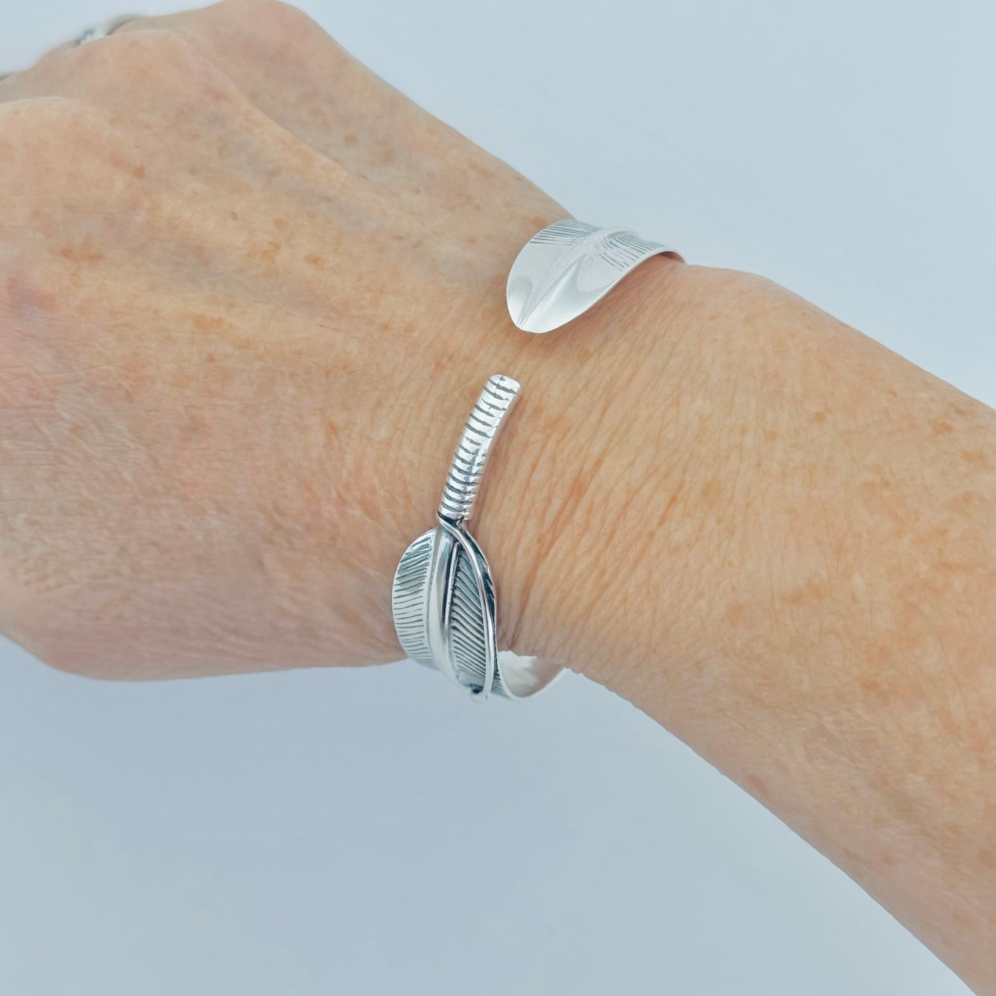 Sterling Silver Unisex Statement Western Feather Bangle – Spirit Bird Wing Boho Silver Bracelet
