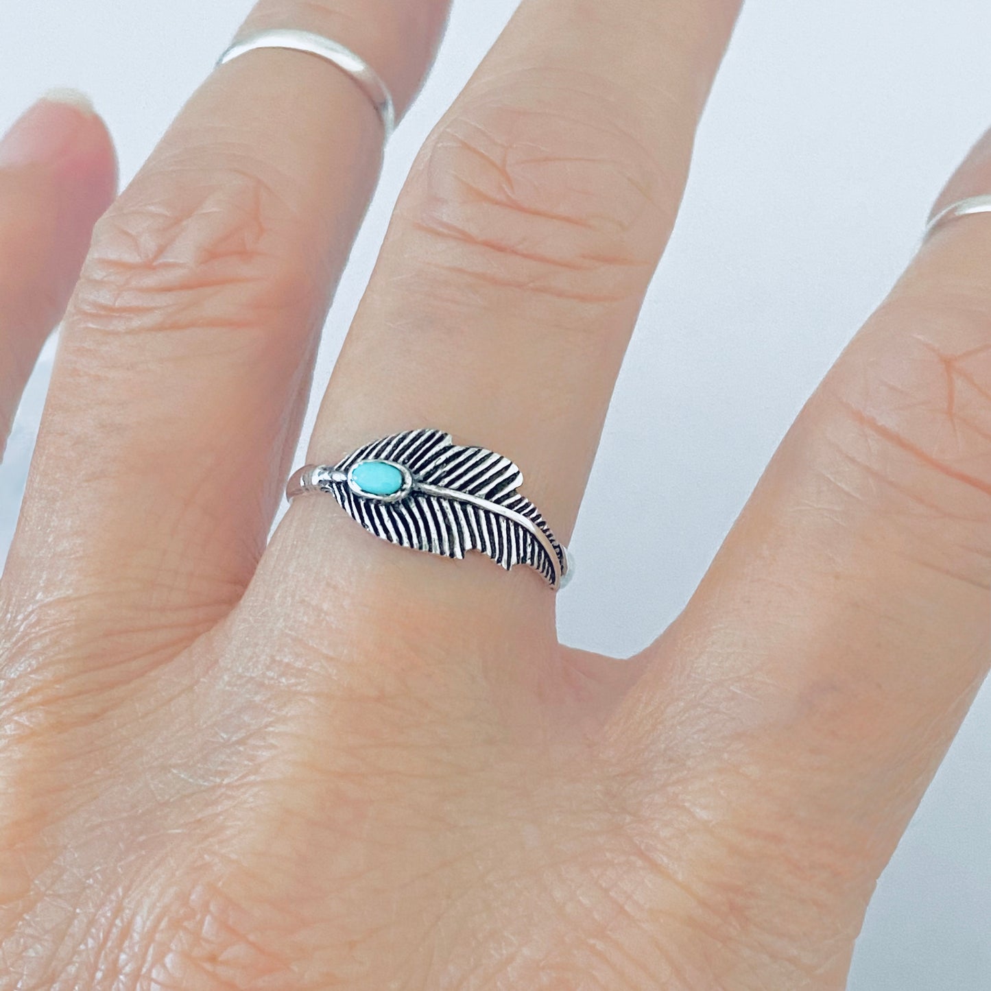 Sterling Silver Dainty Feather Ring with Turquoise Stone, Angels Wings Jewelry, Spirit Birds