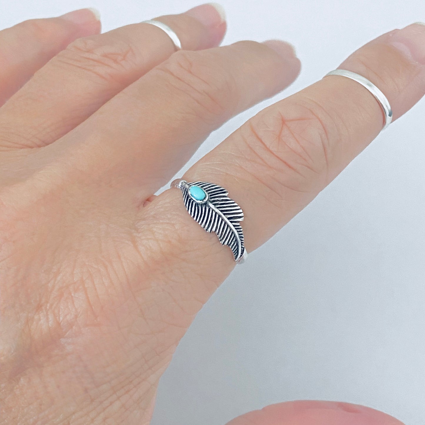 Sterling Silver Dainty Feather Ring with Turquoise Stone, Angels Wings Jewelry, Spirit Birds