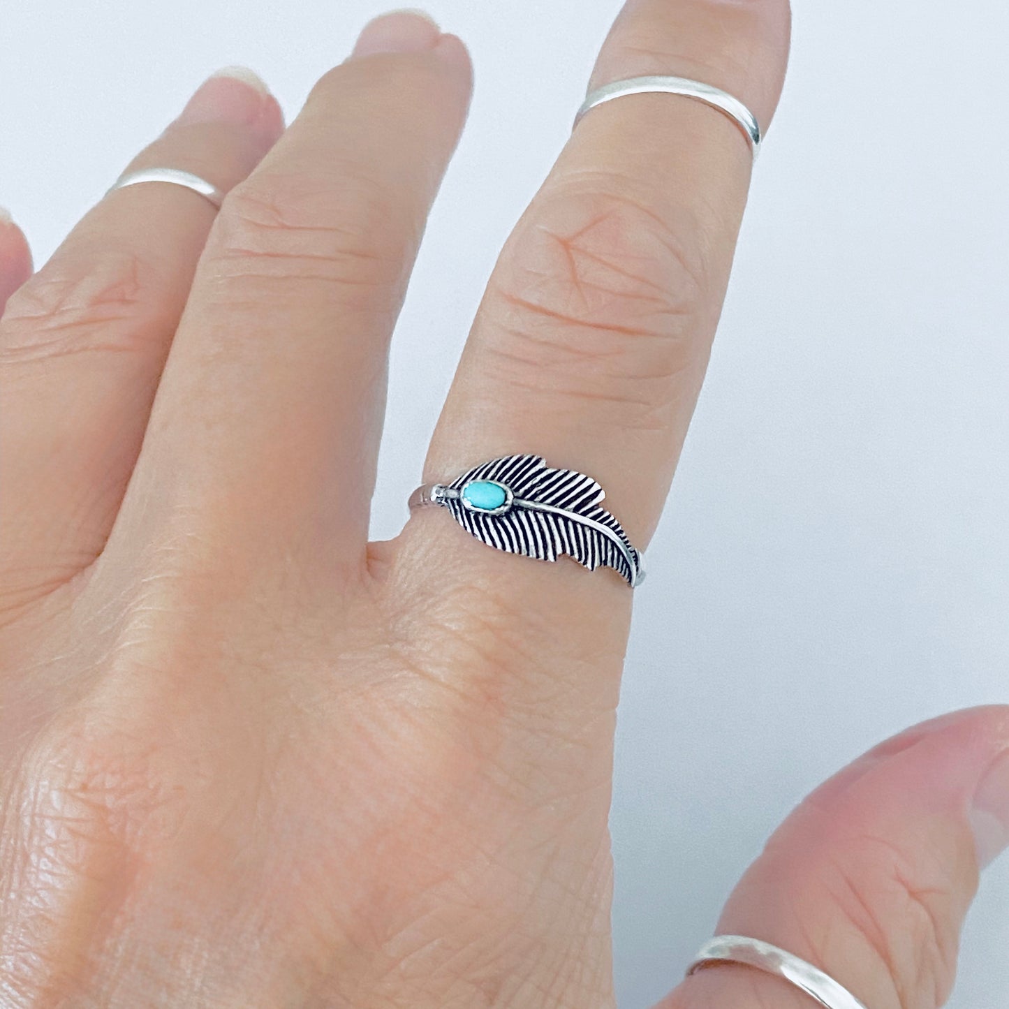 Sterling Silver Dainty Feather Ring with Turquoise Stone, Angels Wings Jewelry, Spirit Birds