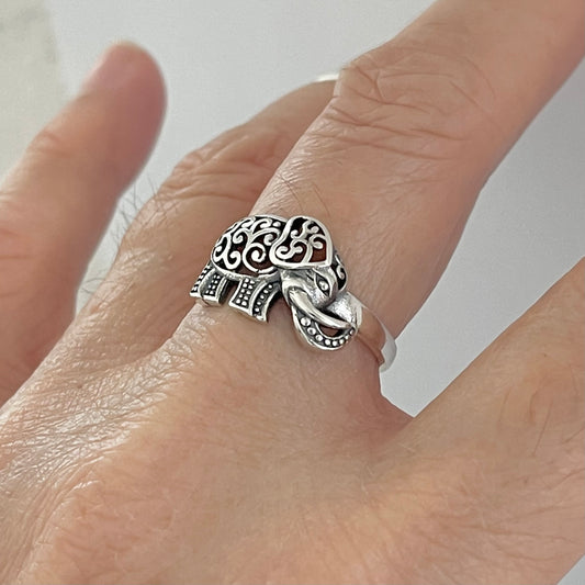 Sterling Silver Large Filigree Elephant Ring, Good Luck Ring, Animal Rings