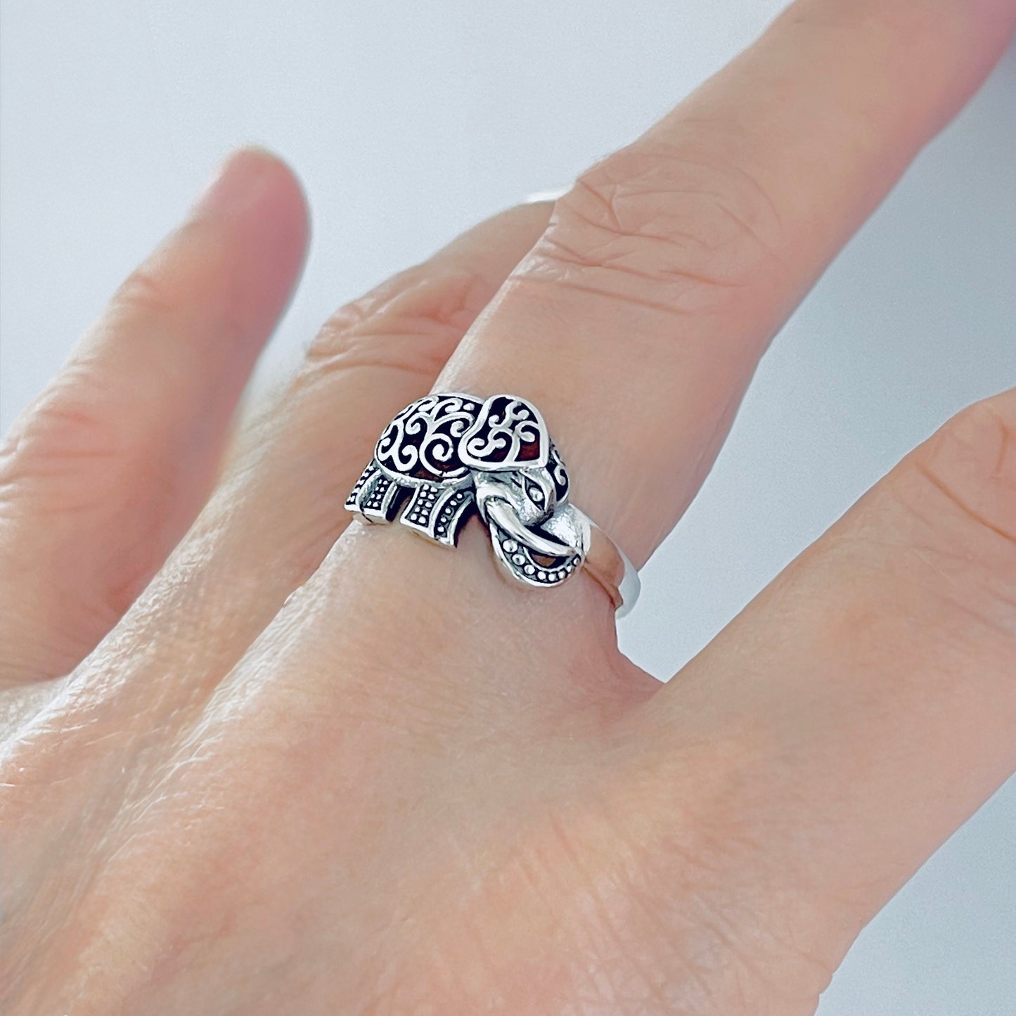 925 Sterling Silver Large Filigree and Dots Elephant Ring | Good Luck Statement Animal Silver Rings
