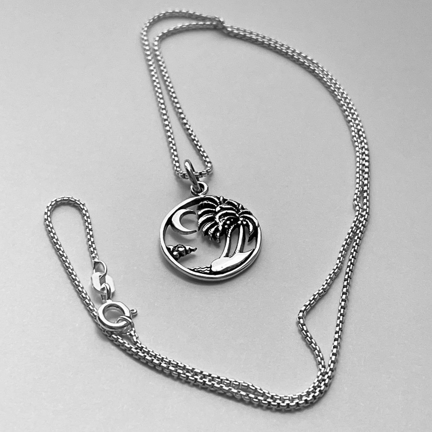 Sterling Silver Palm Tree Necklace with Moon and Beach, Island Necklaces, Waves Silver Chains