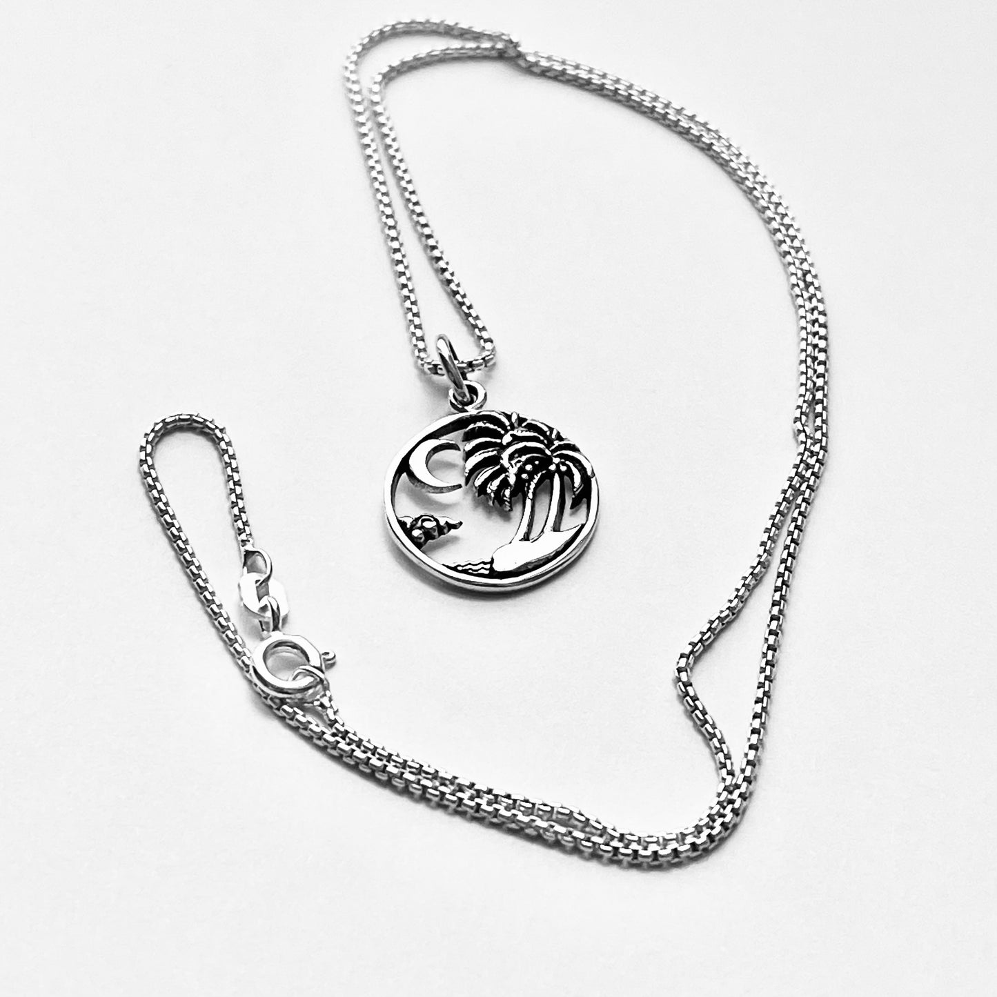 Sterling Silver Beach Palm Tree & Crescent Moon Necklace – Island Tropical Silver Pendant Chain